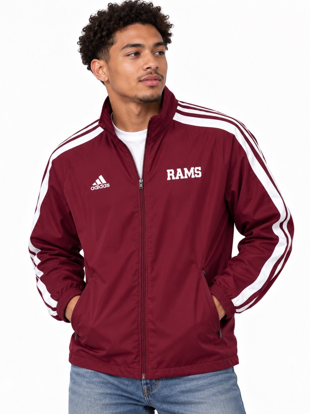 Adidas RAMS Track Jacket – Men’s Medium, Maroon/White 3-Stripe